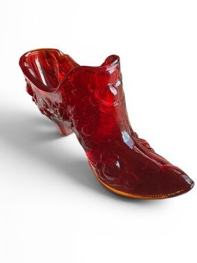 Vintage Fenton Cabbage Rose Glass Amberina Slipper Décor
